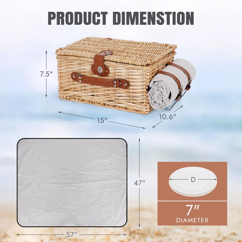 HappyPicnic Picnic Basket Set for 2 - Wicker Picnic Basket with Waterproof Blanket & Insulated Liner  Large Handmade Willow Hamper with Cutlery Kit for Outdoor  Picnic  Camping  Holidays (Flower) - Image 2